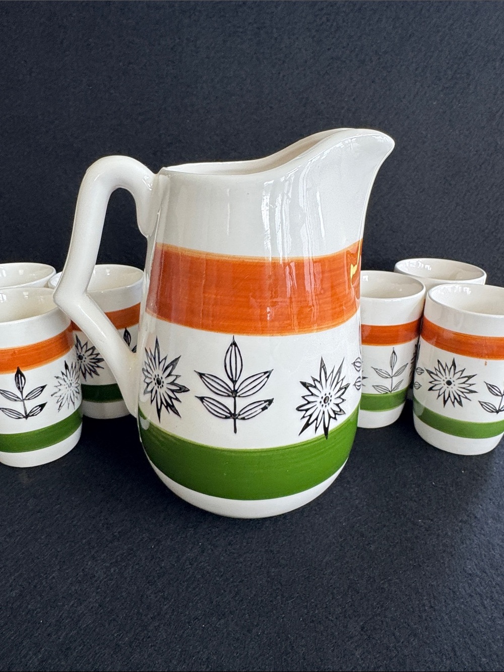 VTG Royal Sealy 1950 MCM Hand Painted Pitcher and 6 Cups Japan